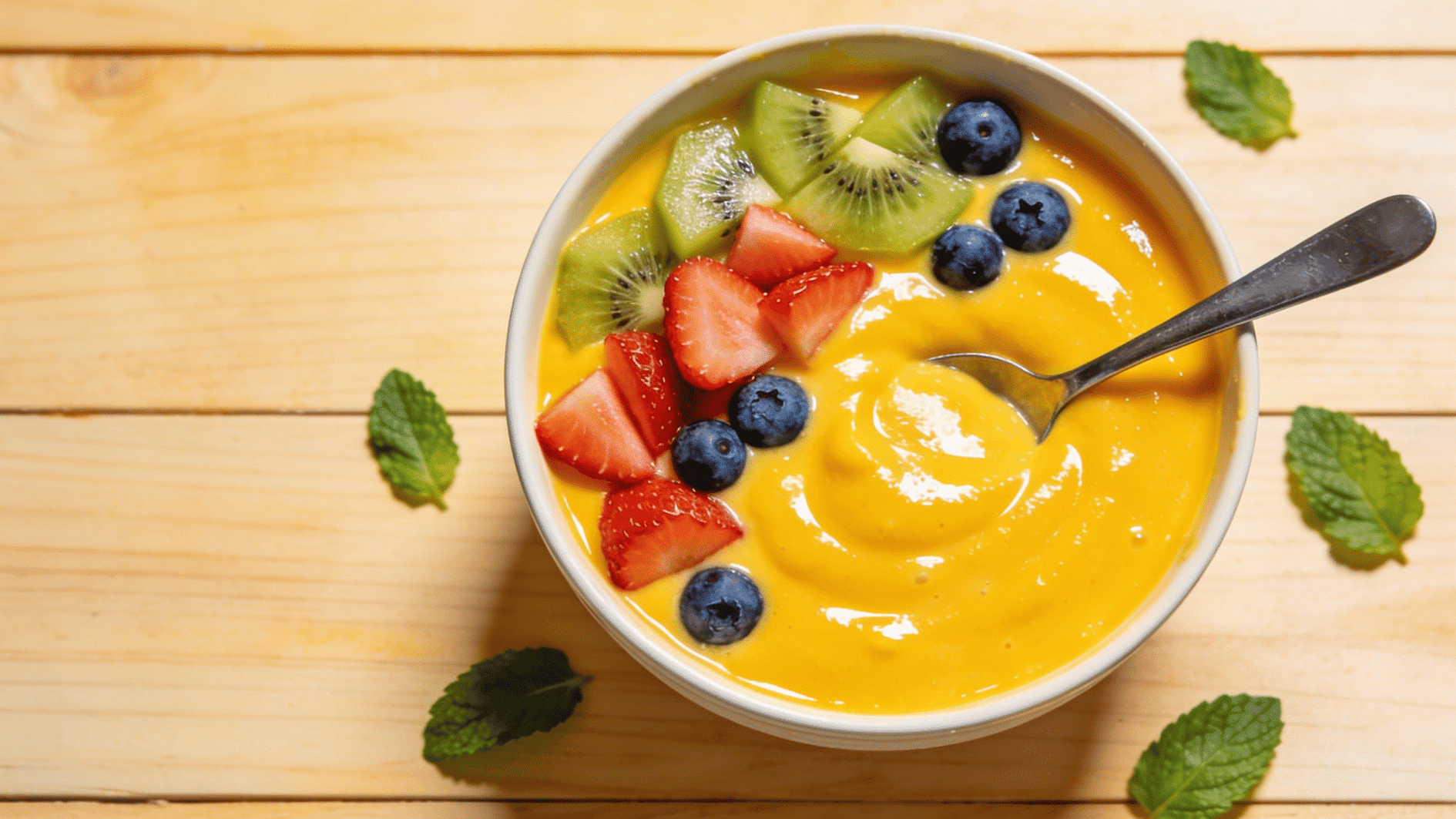 _mango-yogurt smoothie bowl topped with soft fruit pieces