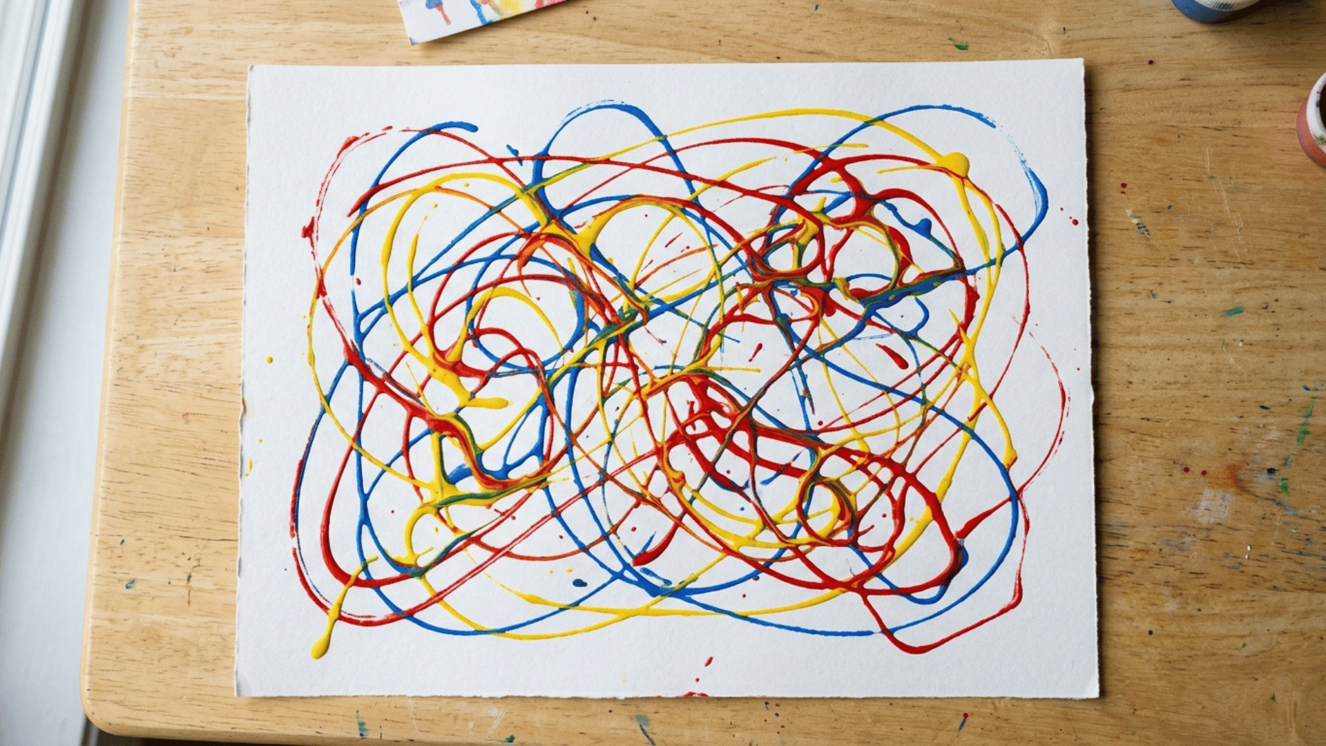 preschooler marble painting with swirled colorful paint trails