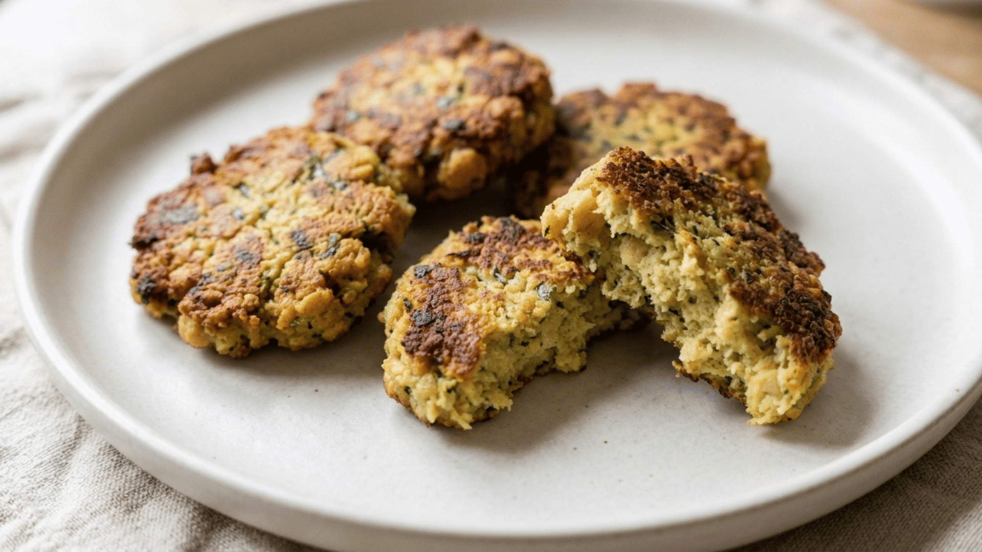 mashed chickpea fritters with crispy edges on a divided suction tray for baby led weaning recipes