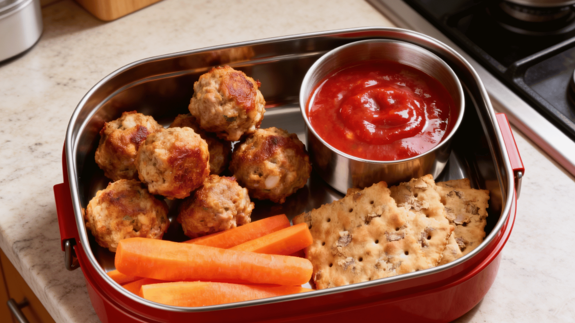 turkey meatballs, marinara dip, carrot sticks, and crackers in a brick-red steel lunchbox