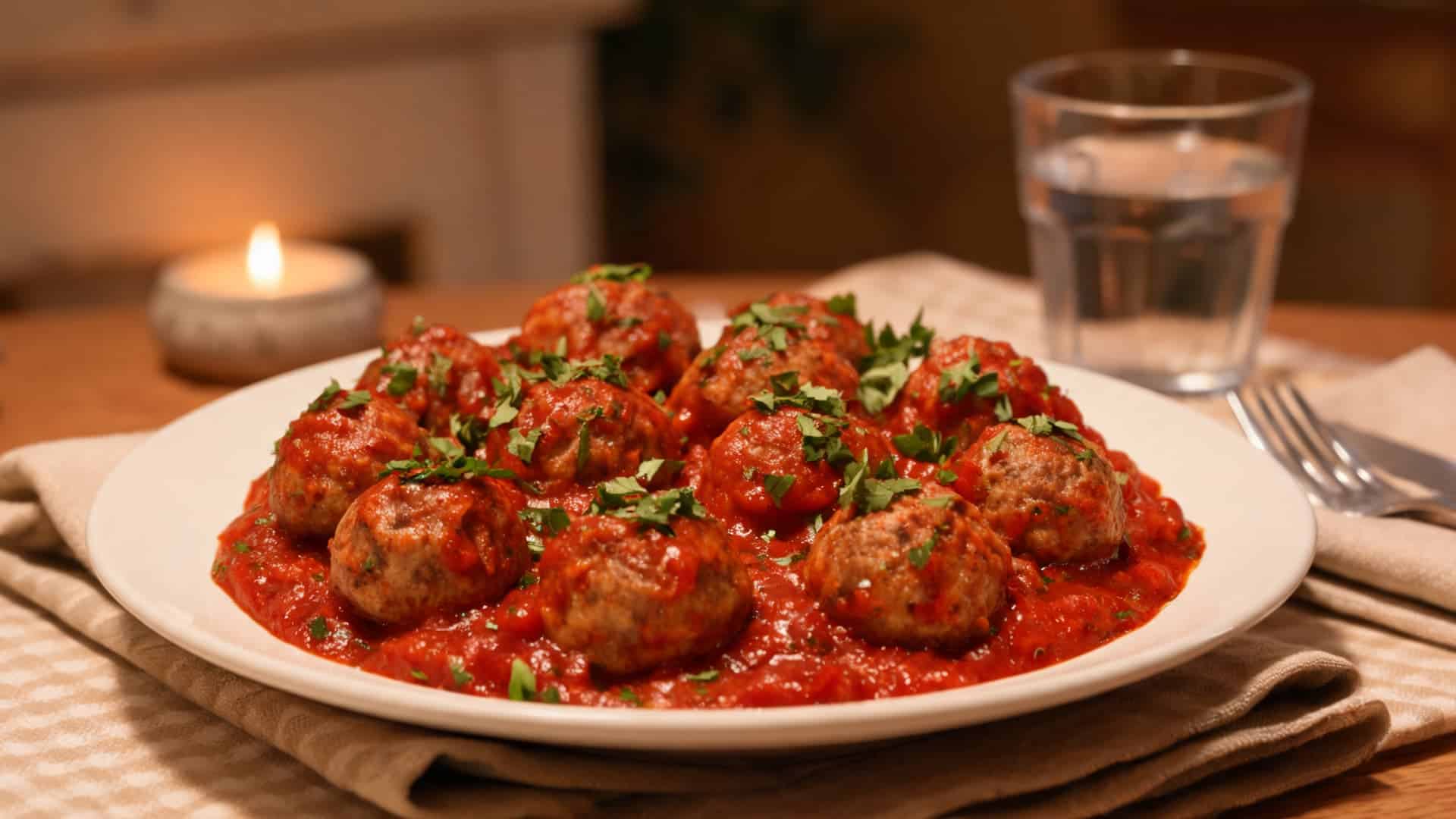 meatballs in tomato sauce topped with herbs served on a white plate with a fork and glass on a dining table