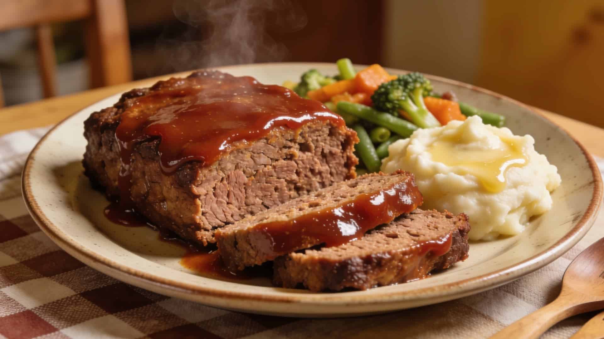 meatloaf with barbecue glaze served with mashed potatoes and vegetables on a plate