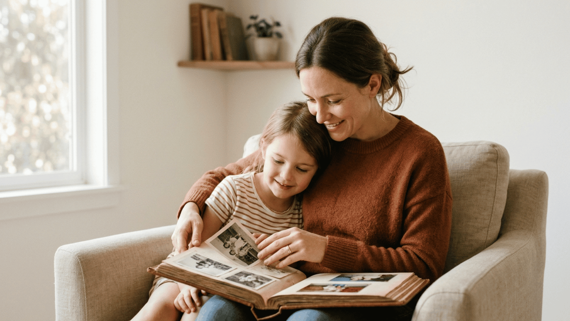 parent and child looking through family photos together in a cozy home showing love and connection