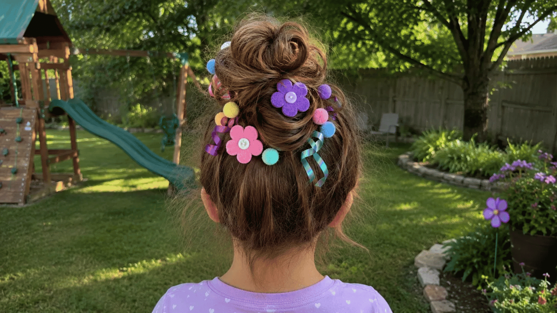 messy topknot bun decorated with felt flowers pom poms and ribbon in backyard