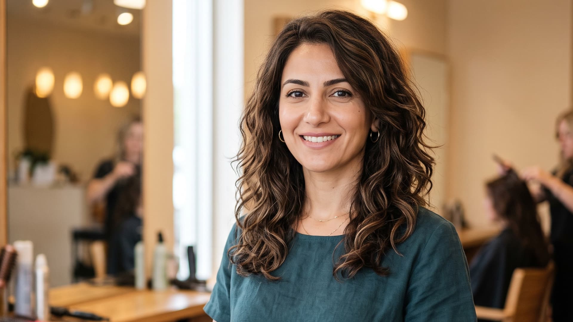 middle eastern woman with a layered lob featuring long blended layers and natural wavy volume