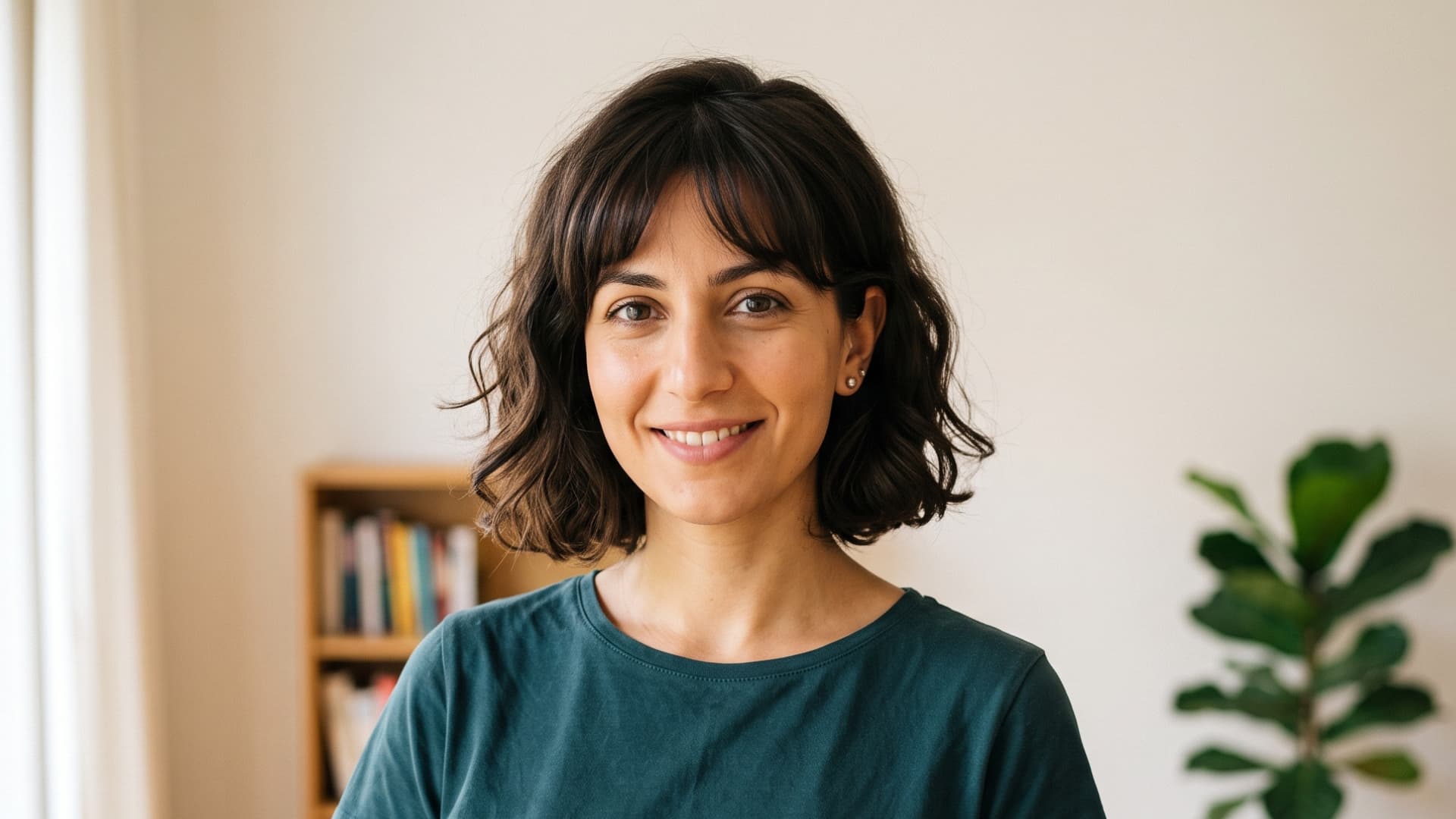 middle eastern woman with a soft french bob featuring loose texture and light eyebrow length fringe