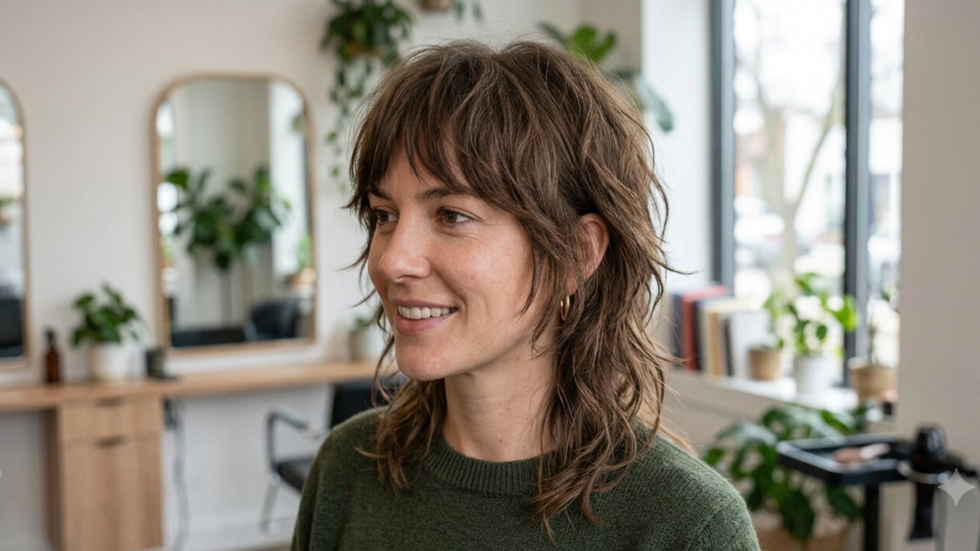 middle eastern woman with a soft wolf cut featuring connected crown layers and thick wavy hair