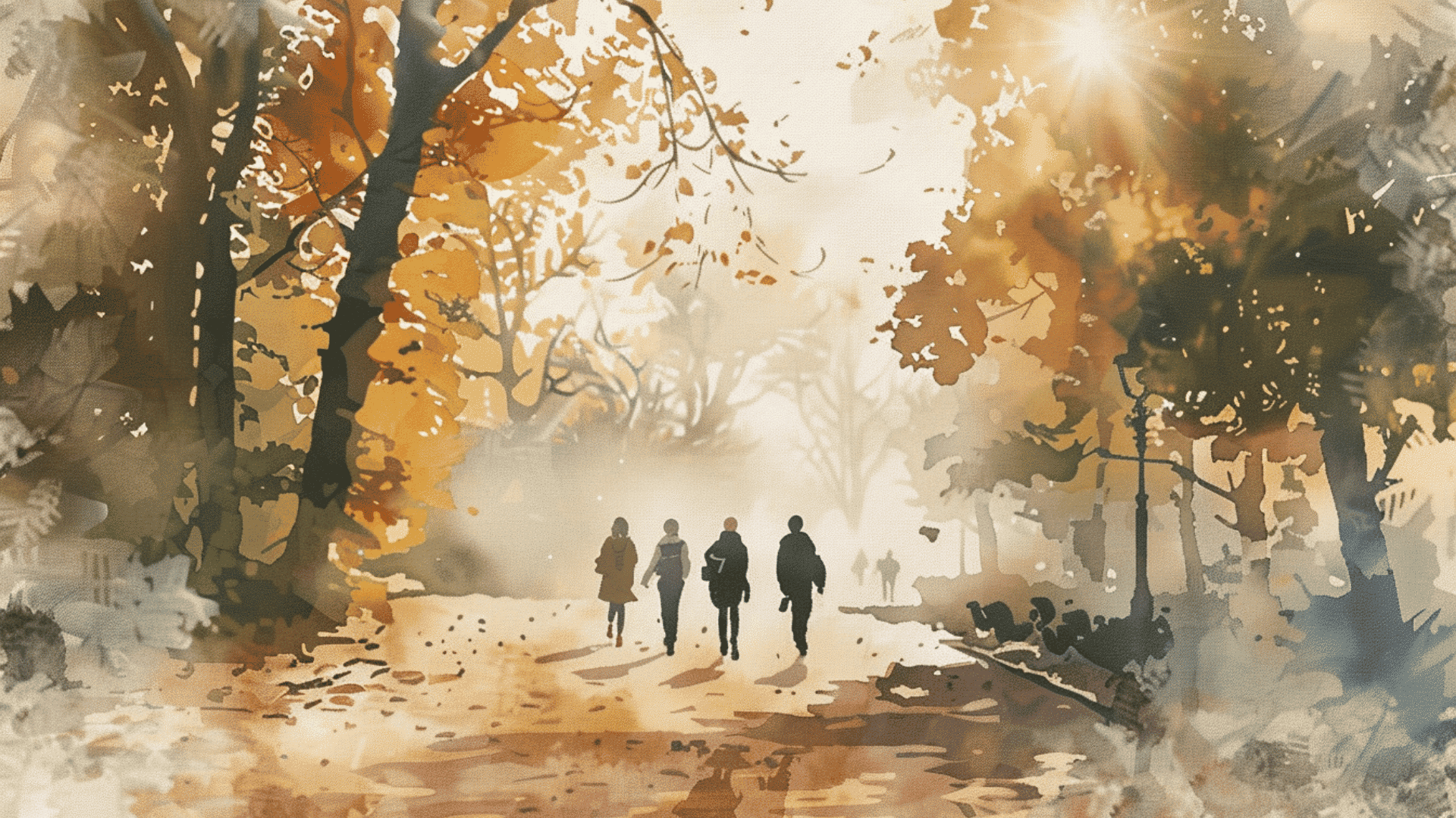 middle ground placement landscape illustration, watercolor style, people walking on a park path positioned in the center of the frame, trees in foreground and background softly framing the scene