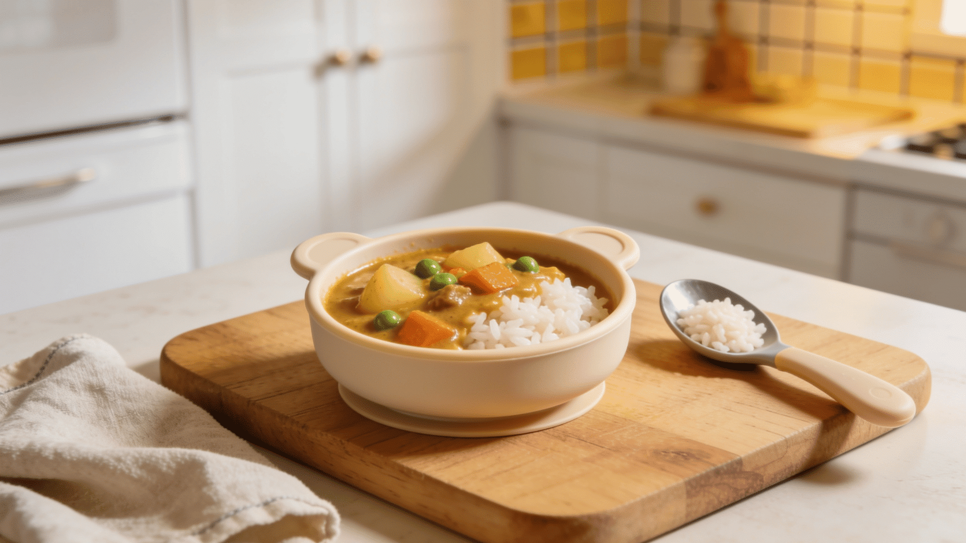_mild creamy vegetable curry with rice in small toddler portions, soft potatoes, peas, and carrots visible,