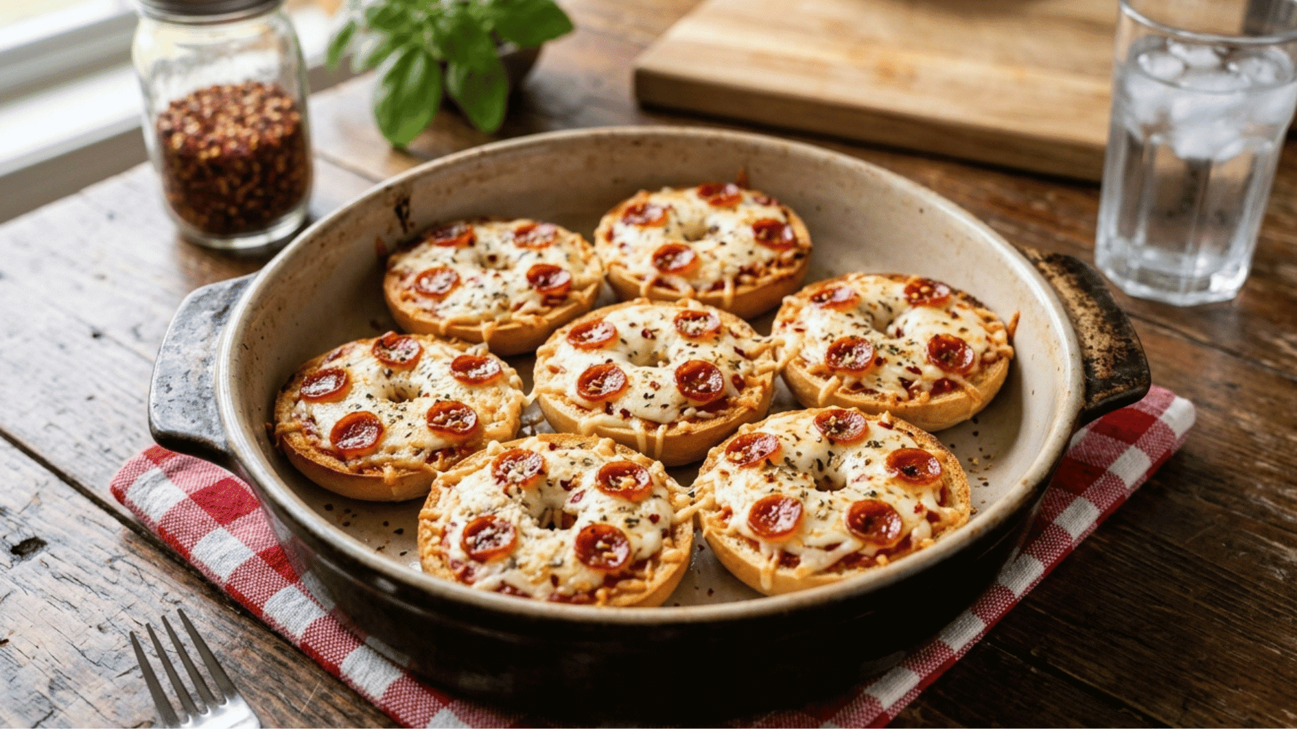 bagel pizzas with melted cheese and pepperoni packed in a red kids lunchbox