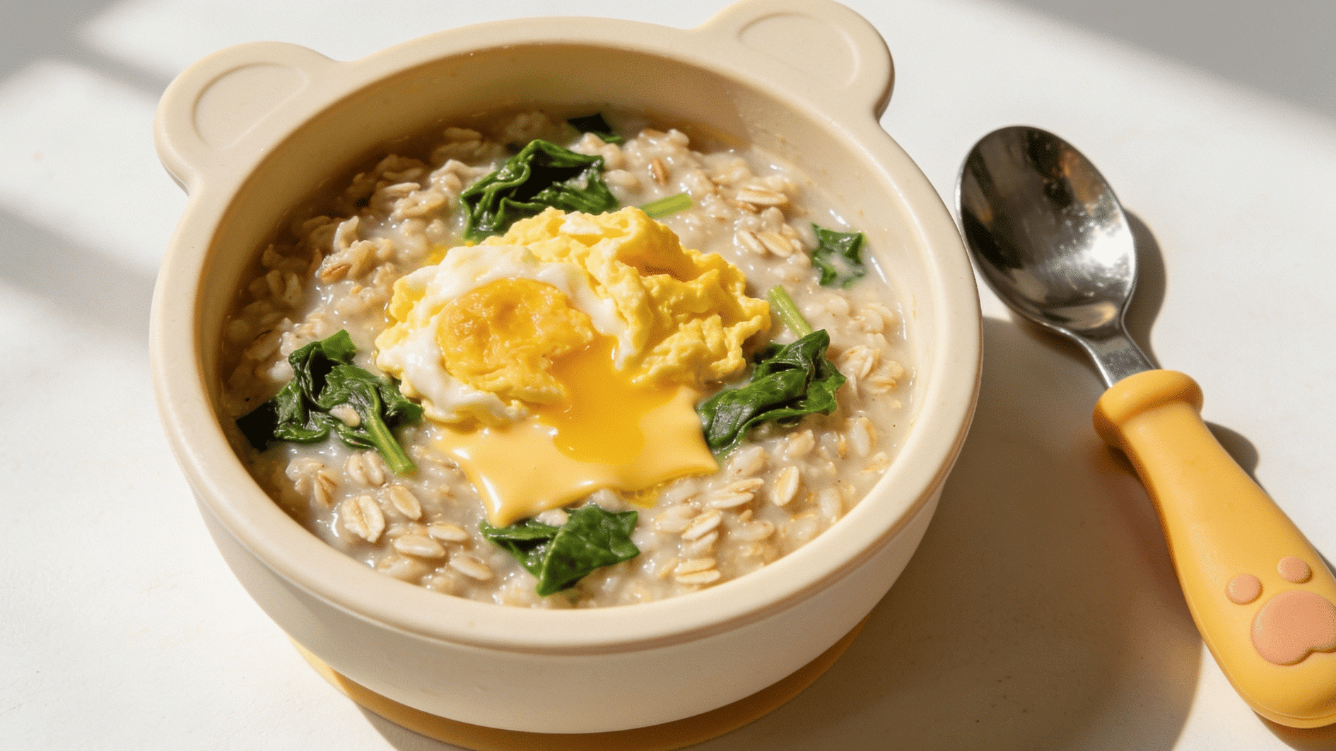 mini bean ricAlt Text creamy savory oatmeal with soft egg spinach and melted cheese in a small toddler bowle and cheese burritos cut into small toddler friendly pieces on a plate