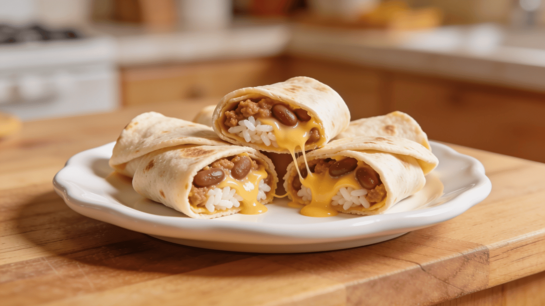 mini bean rice and cheese burritos cut into small toddler friendly pieces on a plate