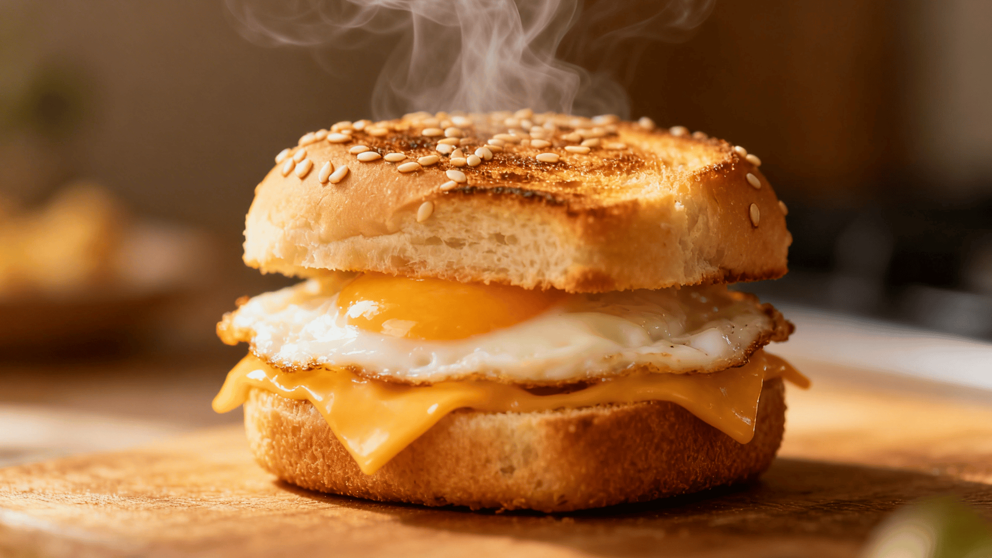 mini breakfast sandwich of folded omelette, Swiss cheese, crusty sourdough rounds, light crumbs