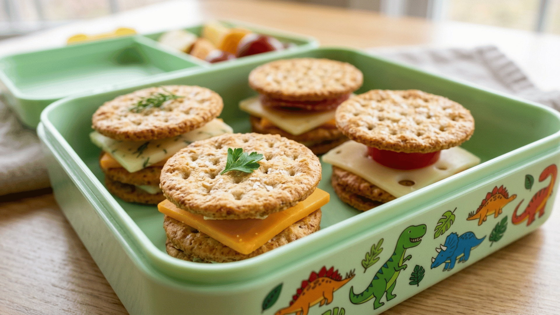 mini cheese and cracker stackers packed in a green kids lunchbox