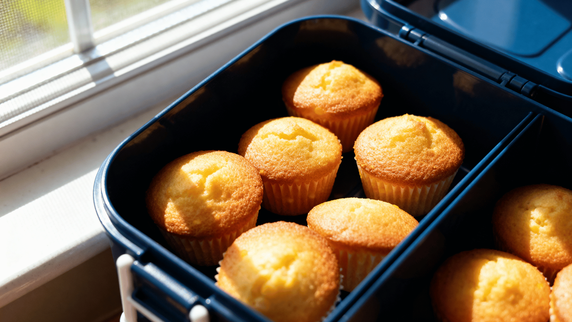 mini corn dog muffins packed in a dark blue kids lunchbox