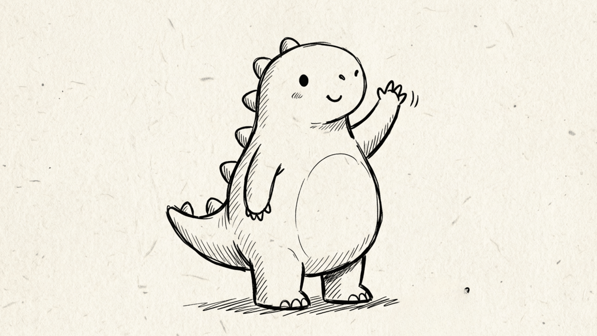 a cute black line art sketch of a friendly little dinosaur waving its hand on textured cream paper
