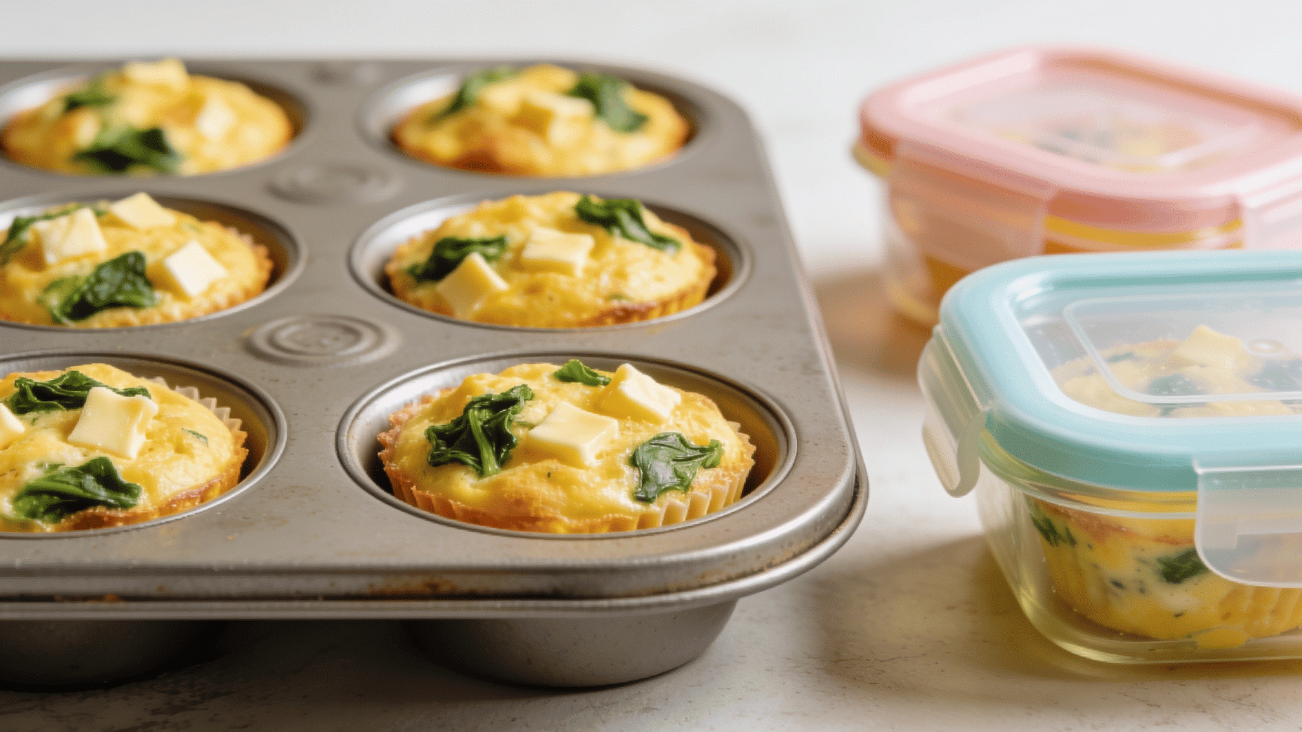 mini egg muffins with tiny pieces of spinach and cheese arranged in a muffin tray and small toddler lunch containers,
