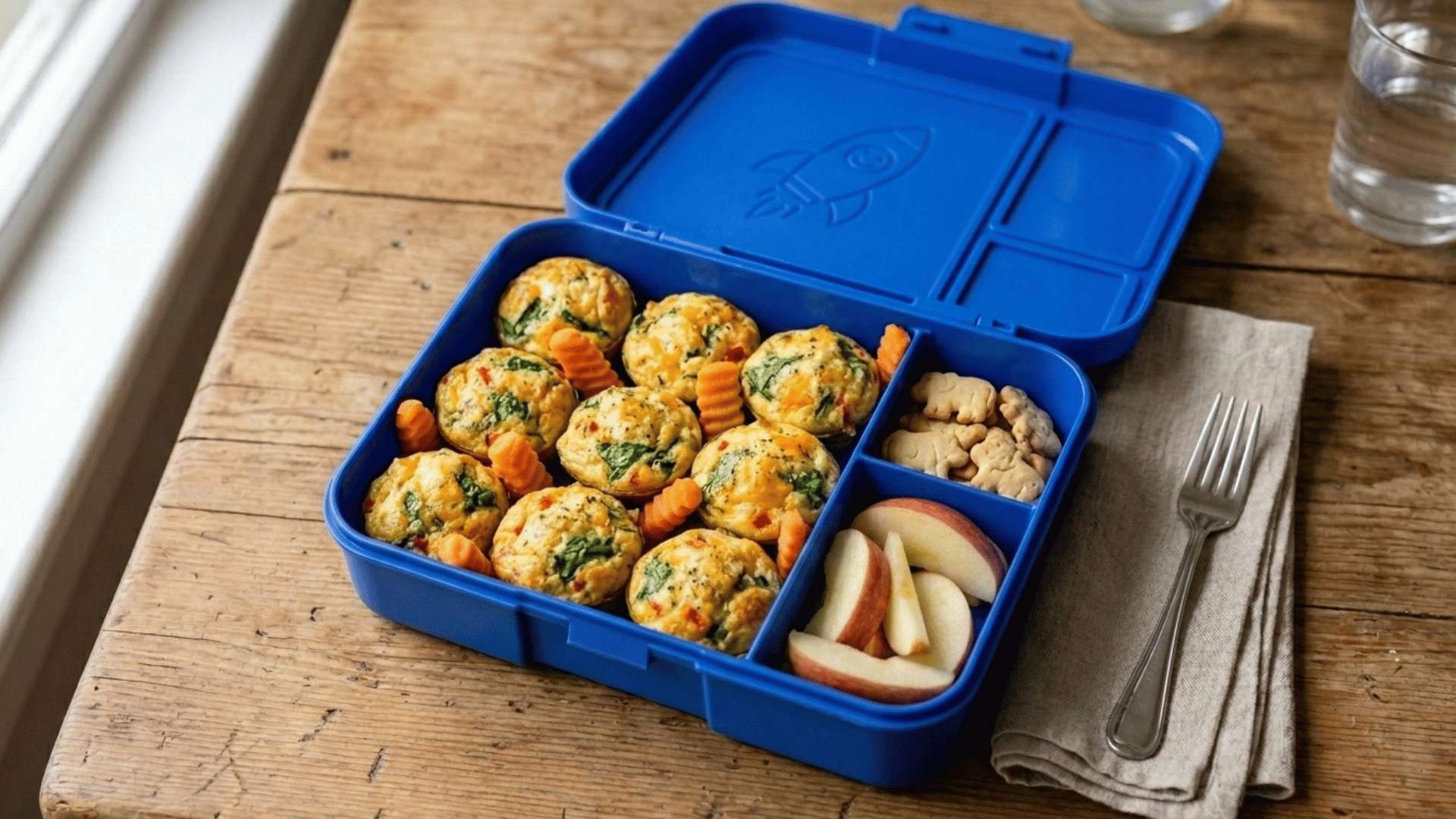 mini egg muffins with spinach in a sage-green silicone bento box