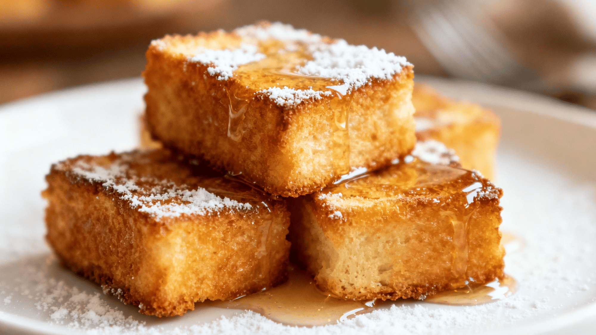 mini French toast bites, fluffy interior, light cinnamon glaze, warm steam, small ramekin of syrup