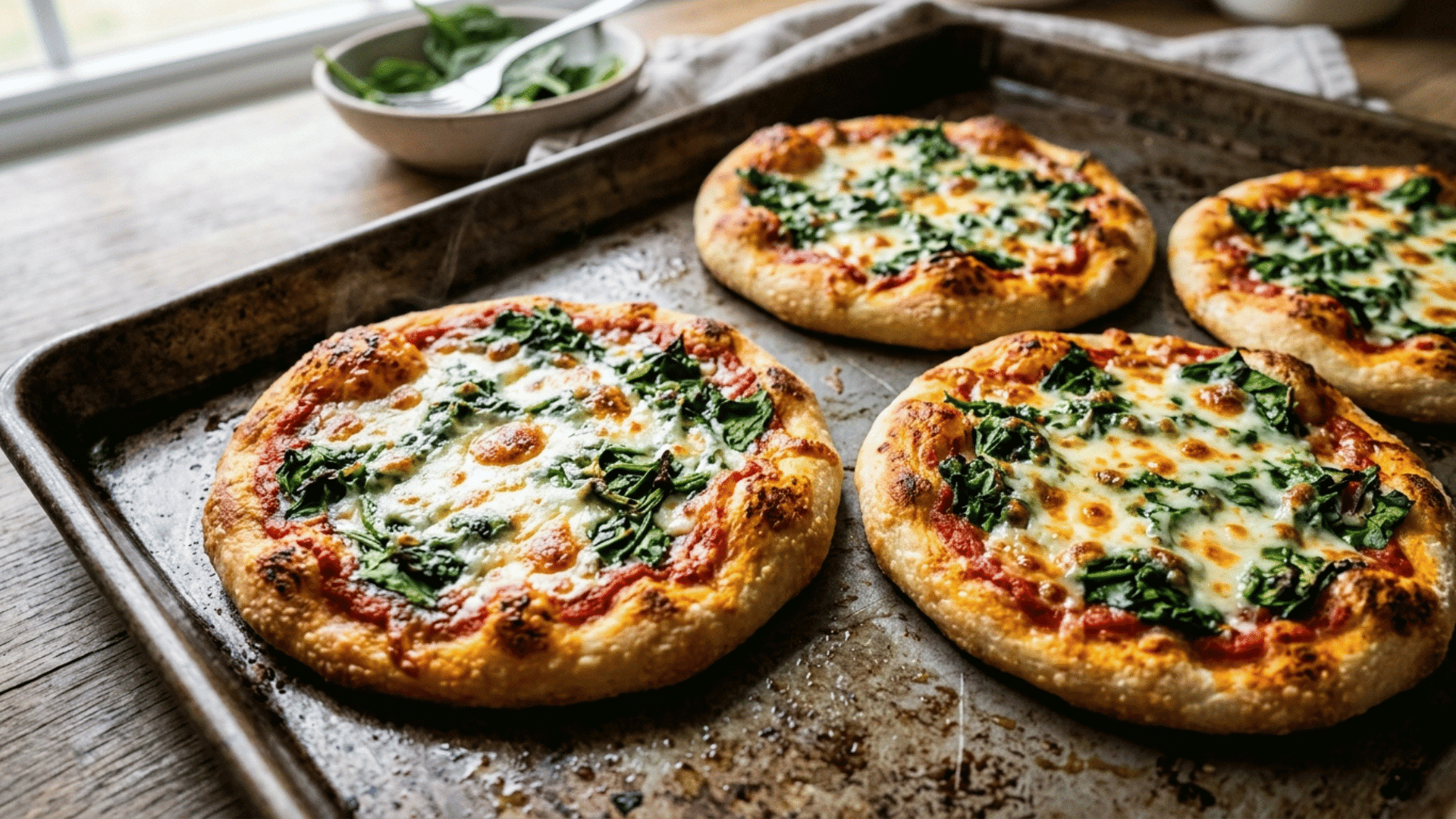 mini pizza rounds topped with cheese and finely chopped spinach