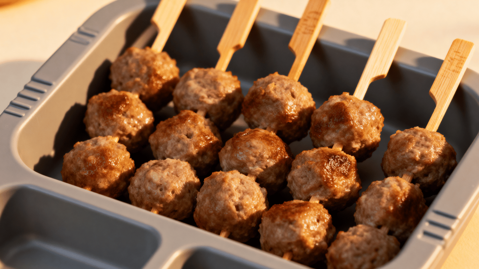 mini meatball skewers packed in a grey kids lunchbox tray