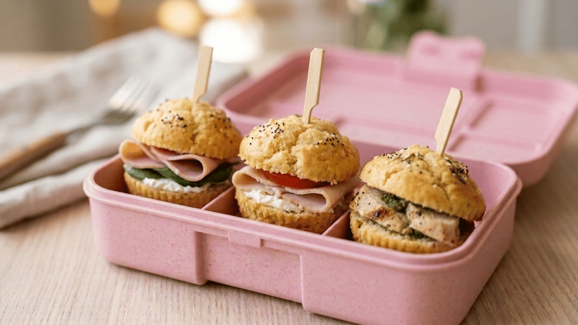 mini muffin sandwiches packed in a pink plastic lunchbox
