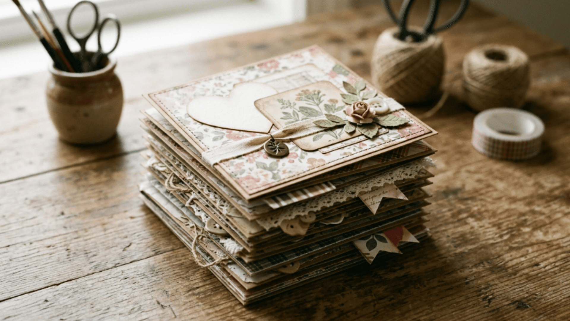 mini scrapbook pages made with paper layers and decorations arranged in a neat stack on a desk
