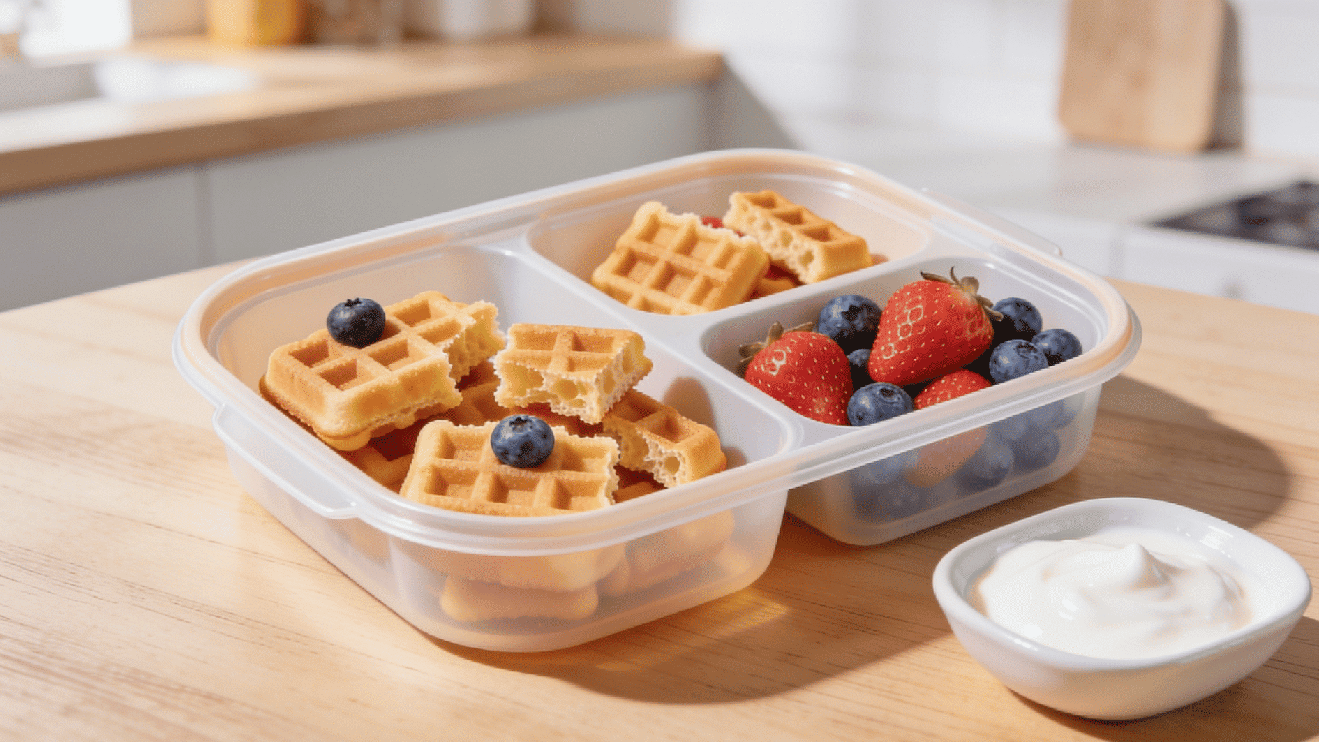mini waffles cut into toddler-sized pieces with berries and yogurt on the side