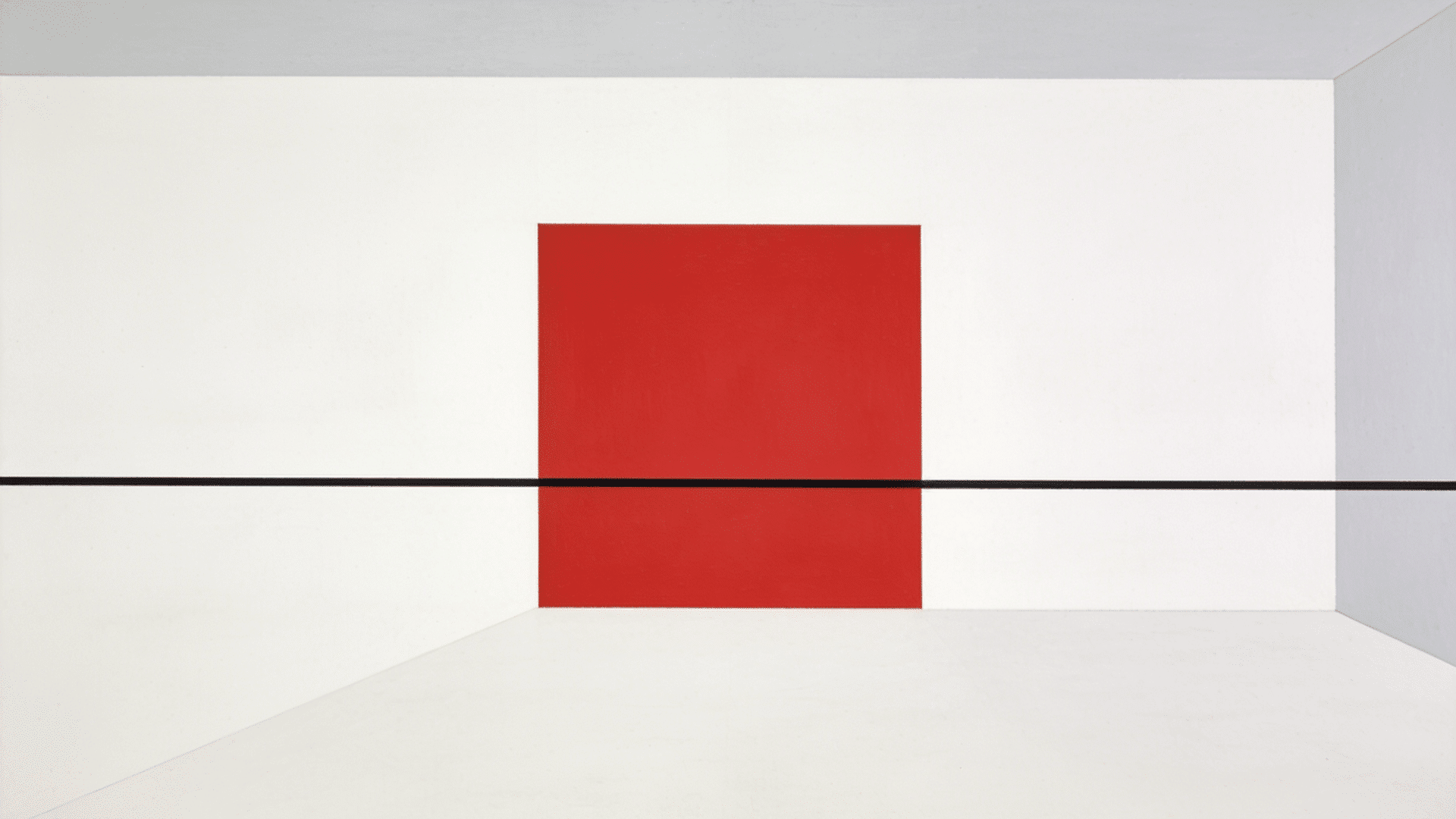 minimalism style geometric composition with centered red square on white space and thin horizontal black line creating balance
