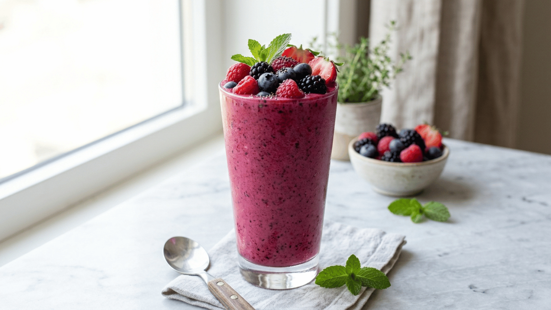 mixed berry beet smoothie in a glass topped with fresh berries