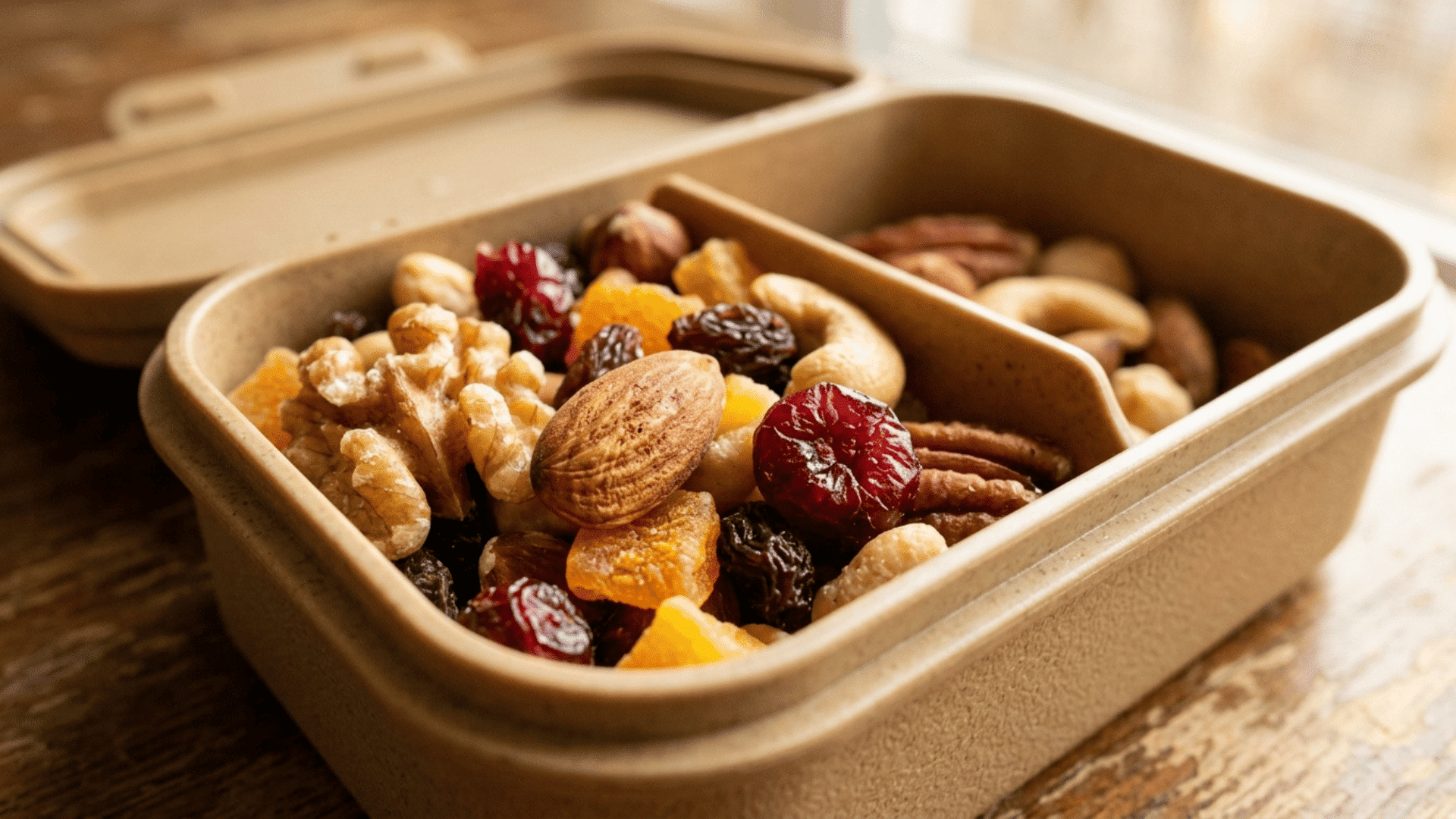 mixed nuts and dried fruit packed in a tan plastic lunchbox
