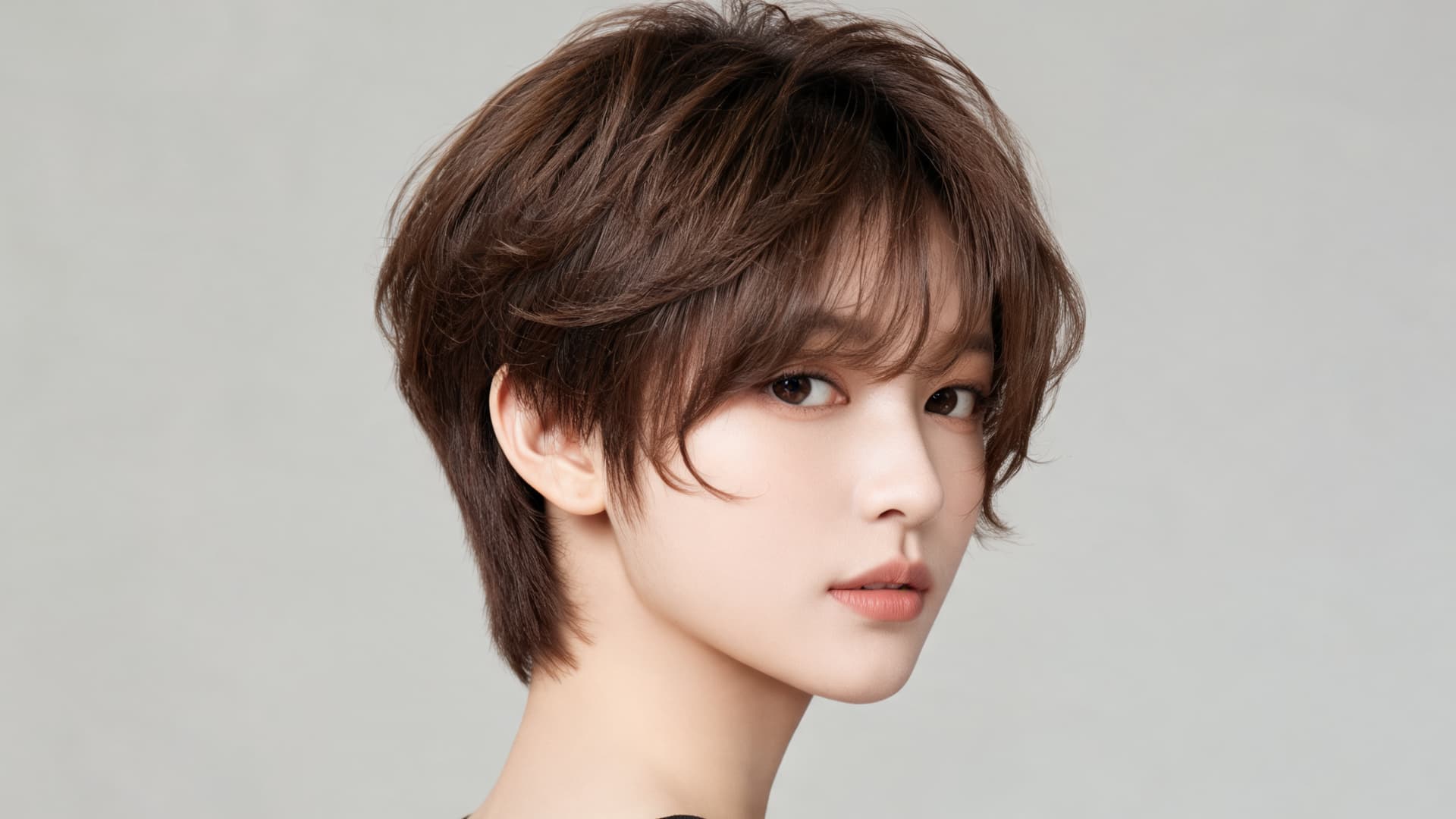 modern pixie bob haircut with longer front layers and thick hair styled in a smooth natural finish