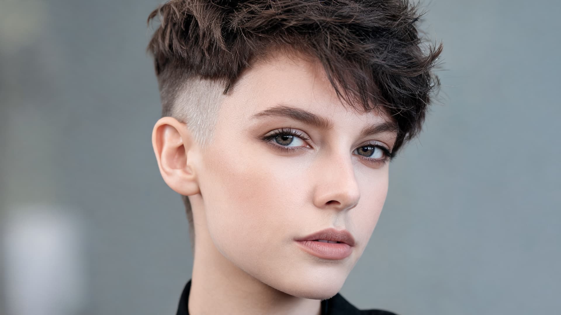 modern undercut pixie hairstyle with shaved sides and layered thick hair styled with soft texture
