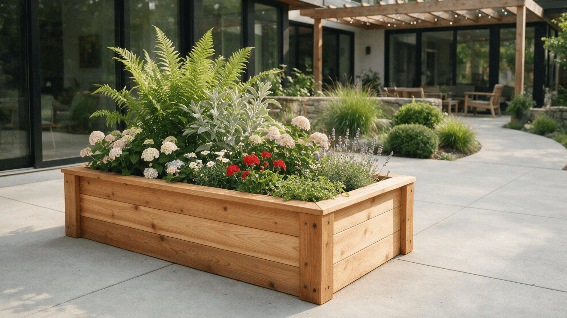 modern cedar wood planter box with green plants on outdoor patio