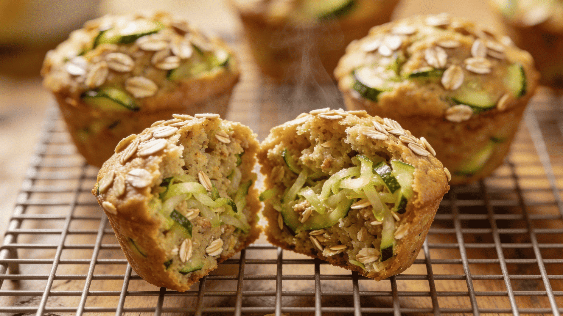 moist zucchini oat muffins on a wire rack, one split open