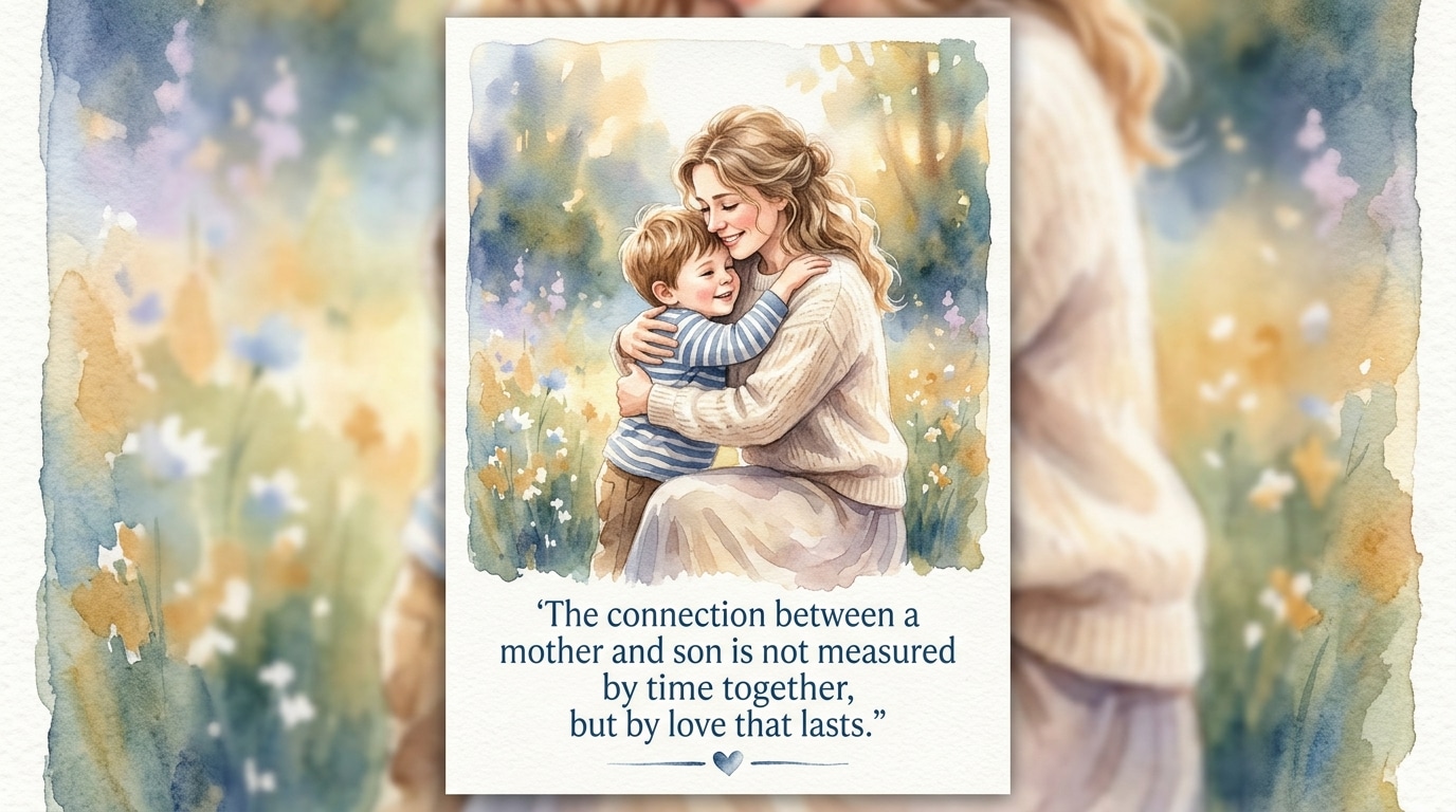 a watercolor painting on a card along with one unconditional love mother son quote