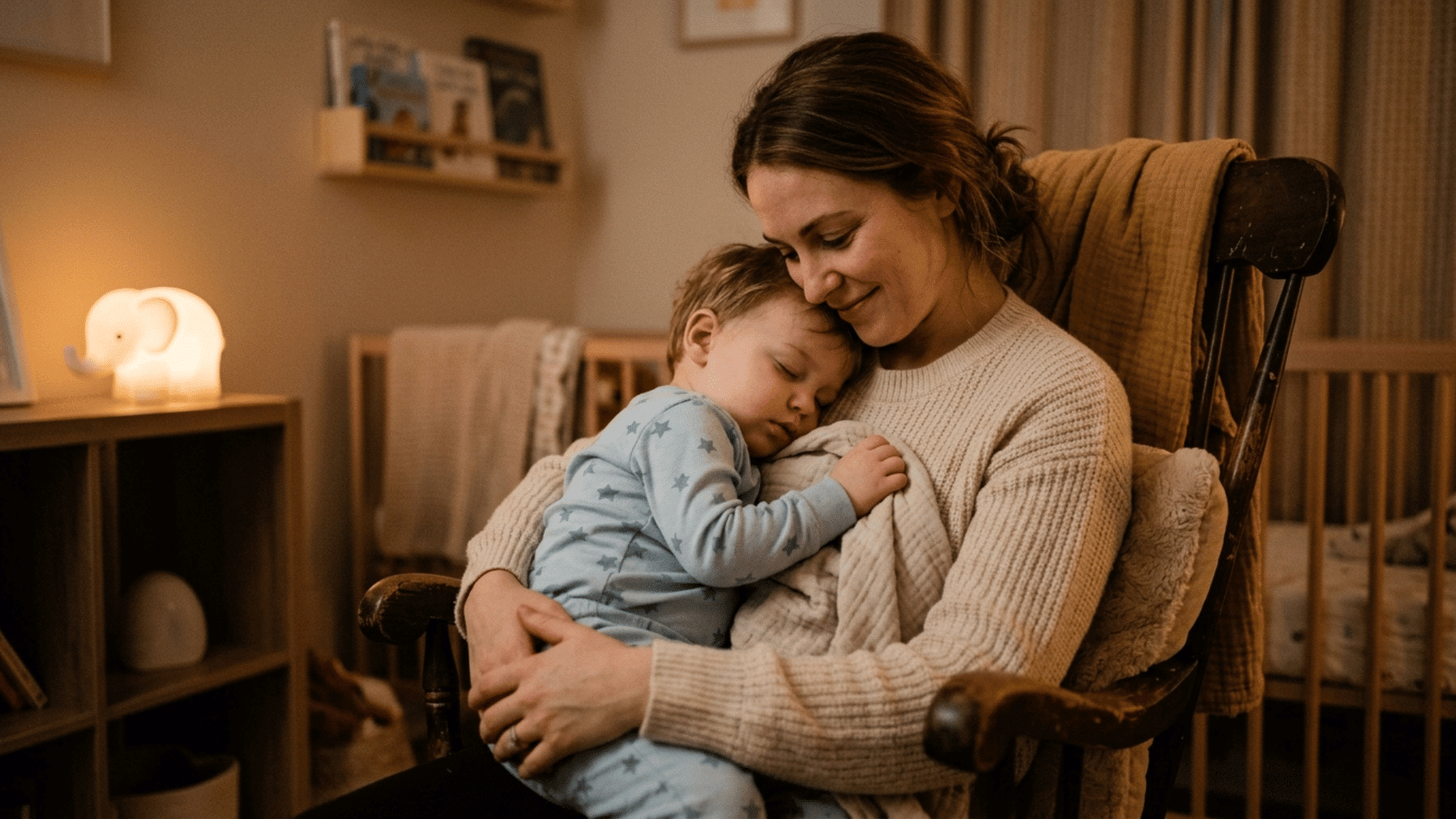 parent holding a sleepy toddler in a cozy bedroom while providing comfort during nighttime waking
