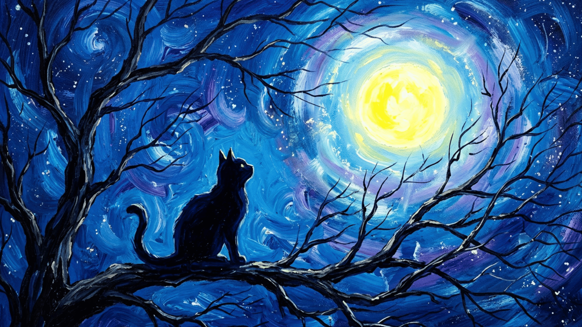 striking cat silhouette painting against a glowing moon with bold contrast and a simple background