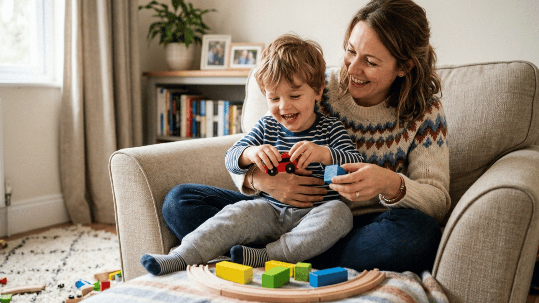 mother playing with her son with a warm smile during a quiet moment at home