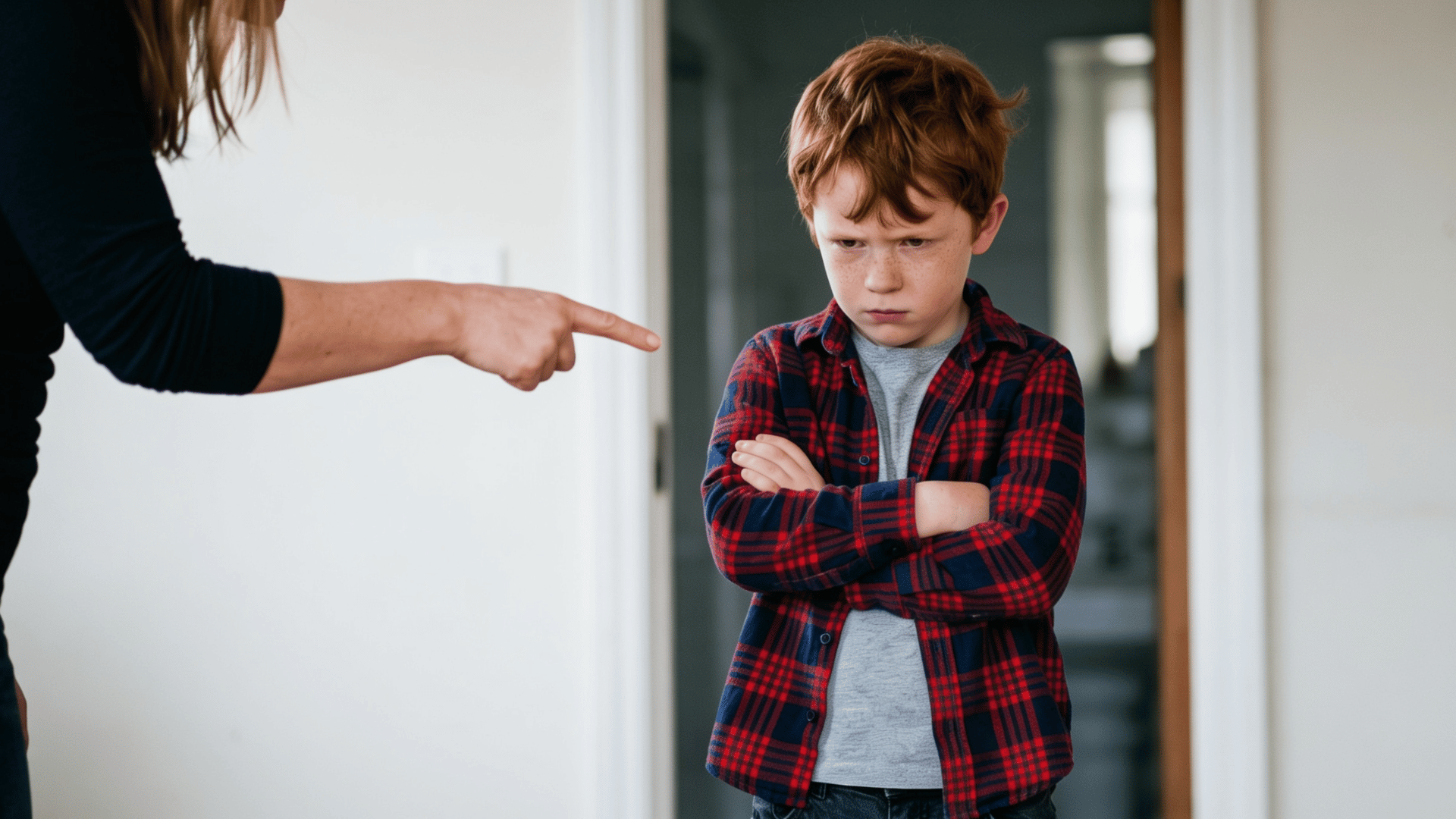 a mother's hand points accusatorily at a sulking red-headed boy with his arms crossed in a hallway
