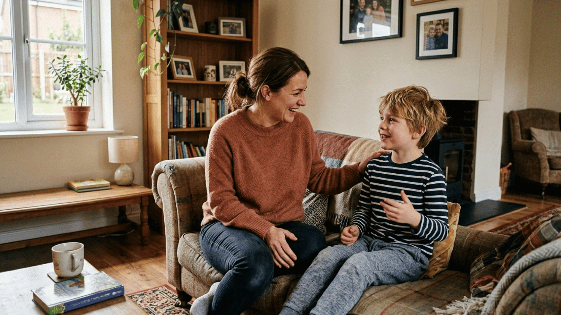 a mother sitting and talking with her son on a couch
