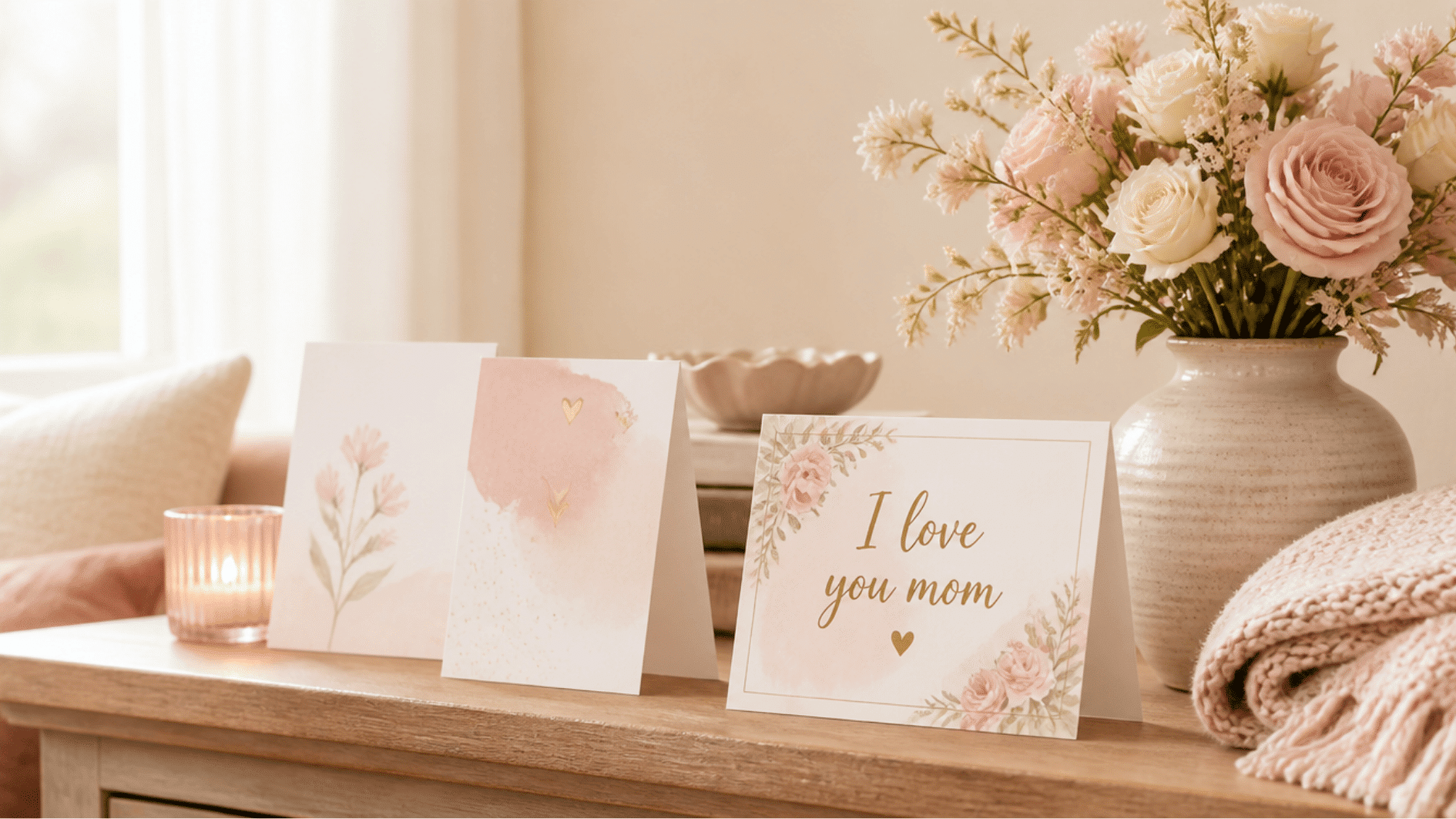 motherhood cards displayed on wooden table read i love you mom beside pink flowers candle and folded blankets
