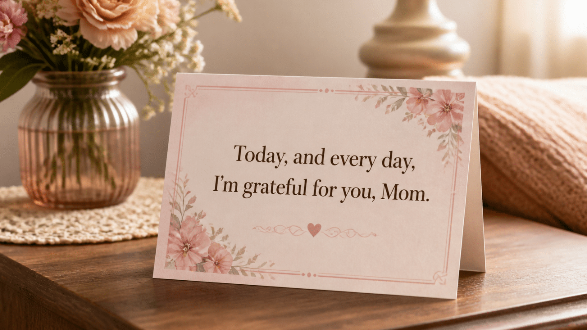 mothers day quote card on a wooden table reads today and every day im grateful for you mom beside flowers warm
