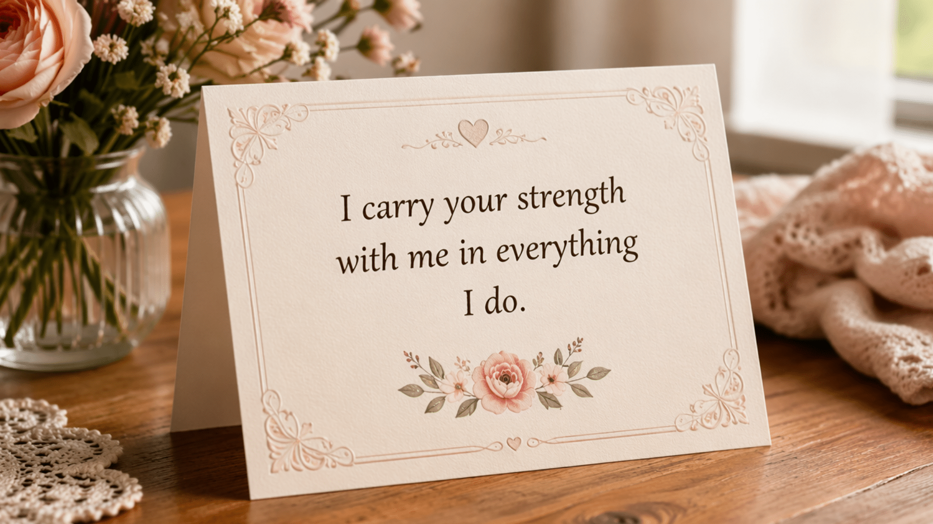 mothers day quote card on wooden table reads i carry your strength with me in everything i do near fresh roses
