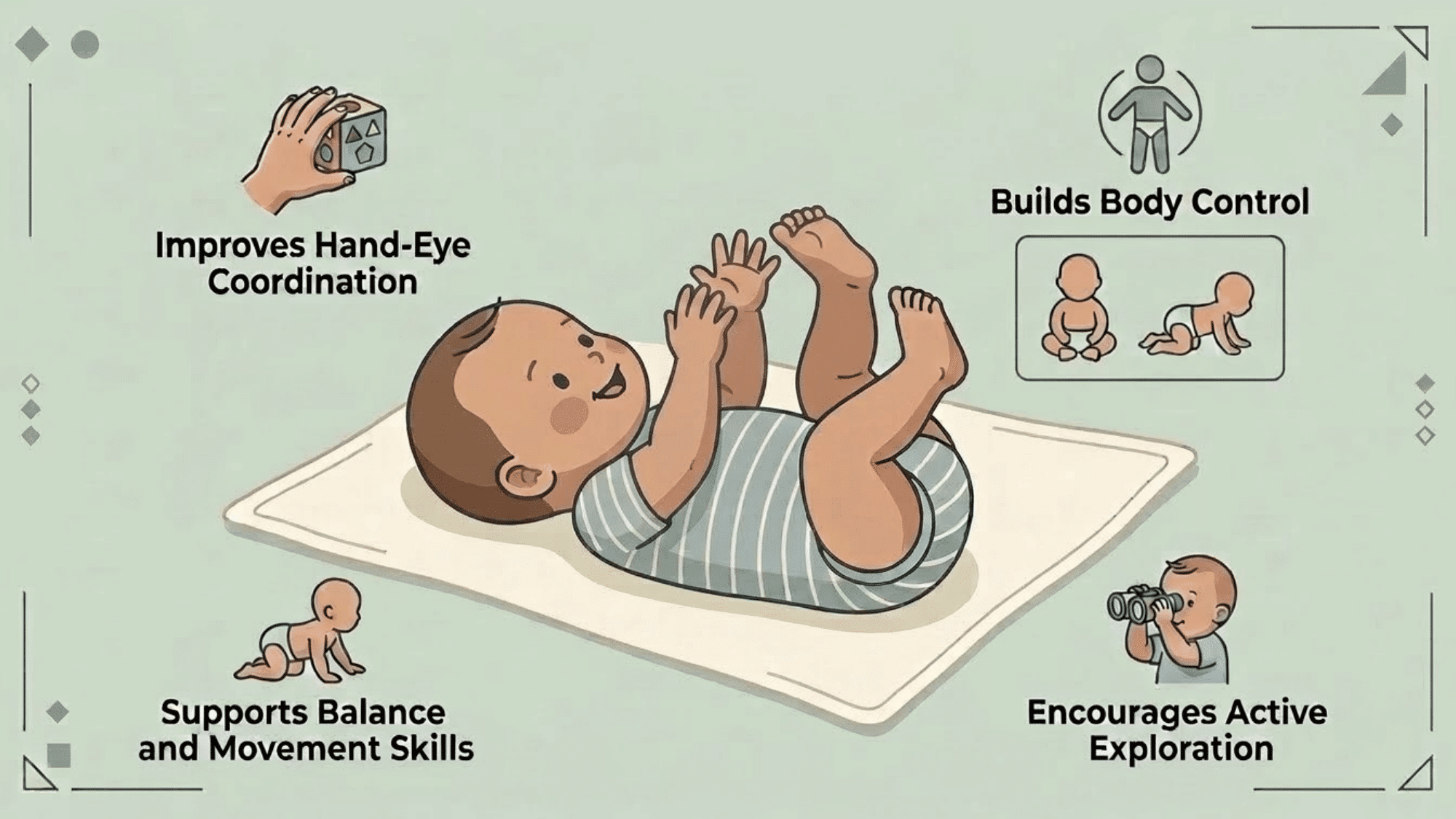 infant holding toes and exploring body movement during floor play at home