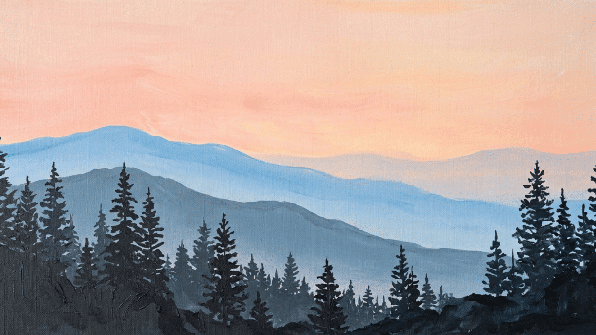 minimalist mountain silhouette painting with layered peaks beneath a colorful sky using flat paint sections
