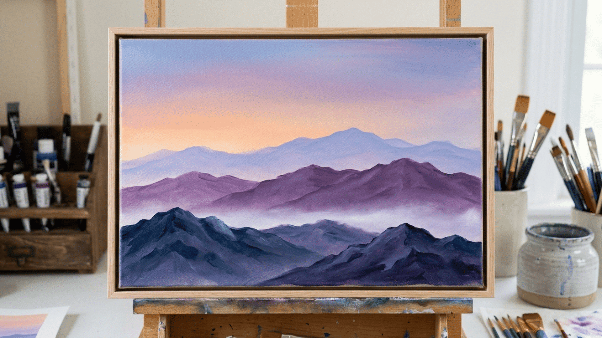 ayered mountain silhouettes against a dusk sky