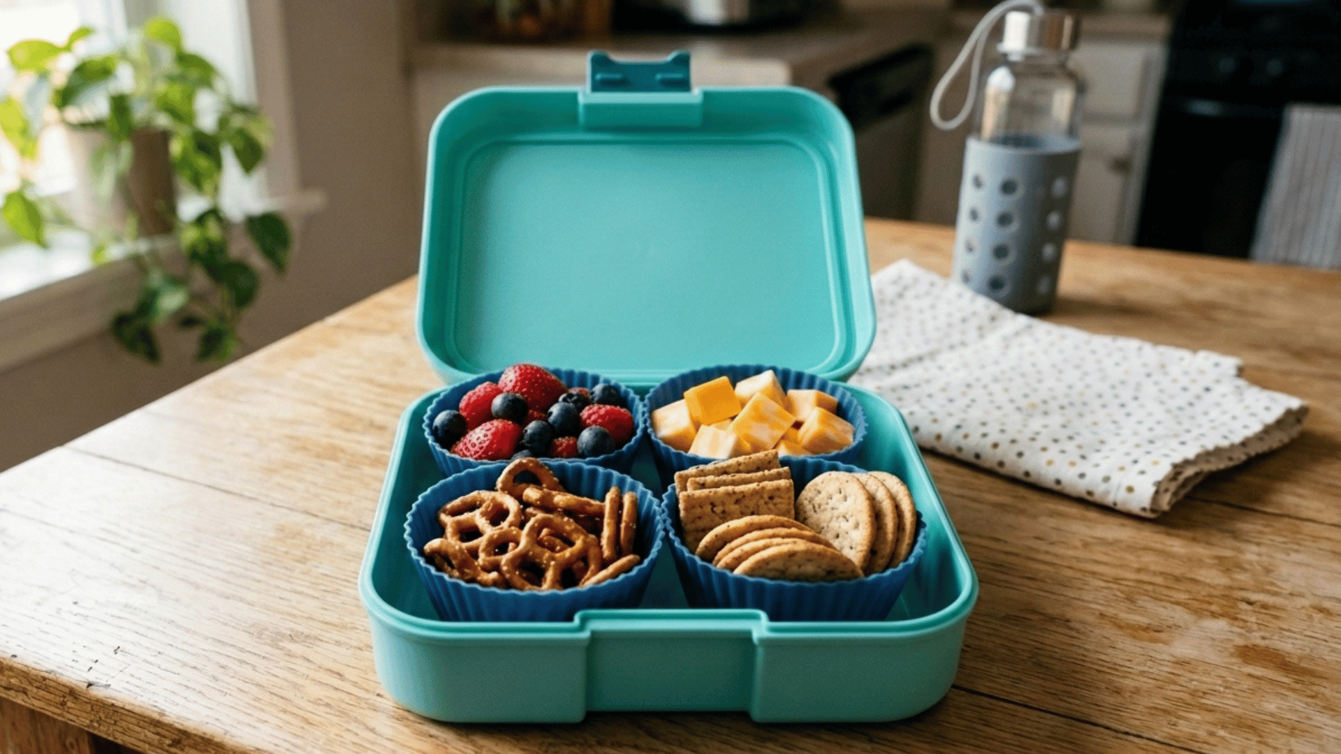 muffin tin filled with crackers, cheese, and berries in a teal lunchbox