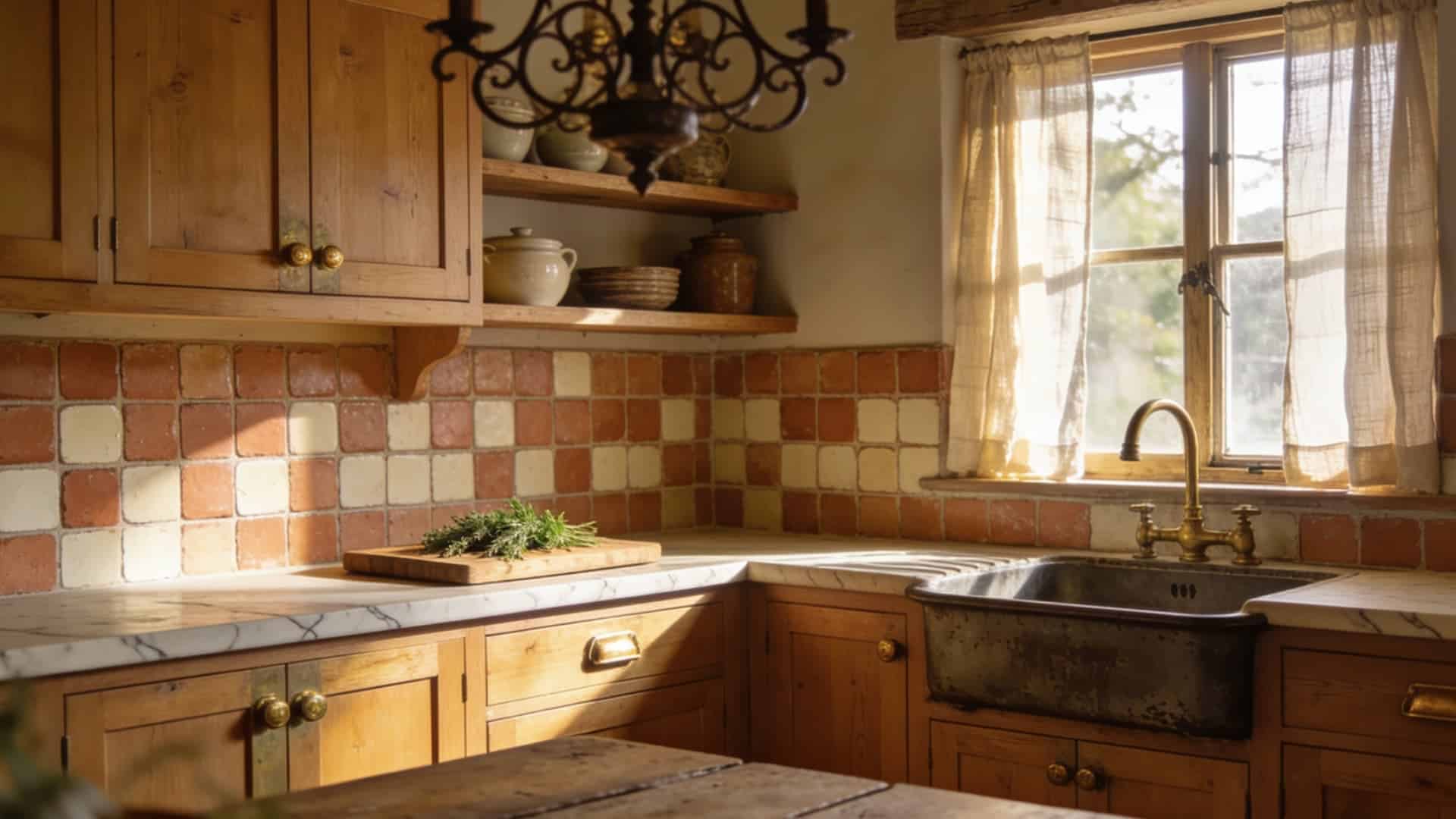 natural oak cabinets with visible grain pale stone counters handmade tile brass hardware and cream walls