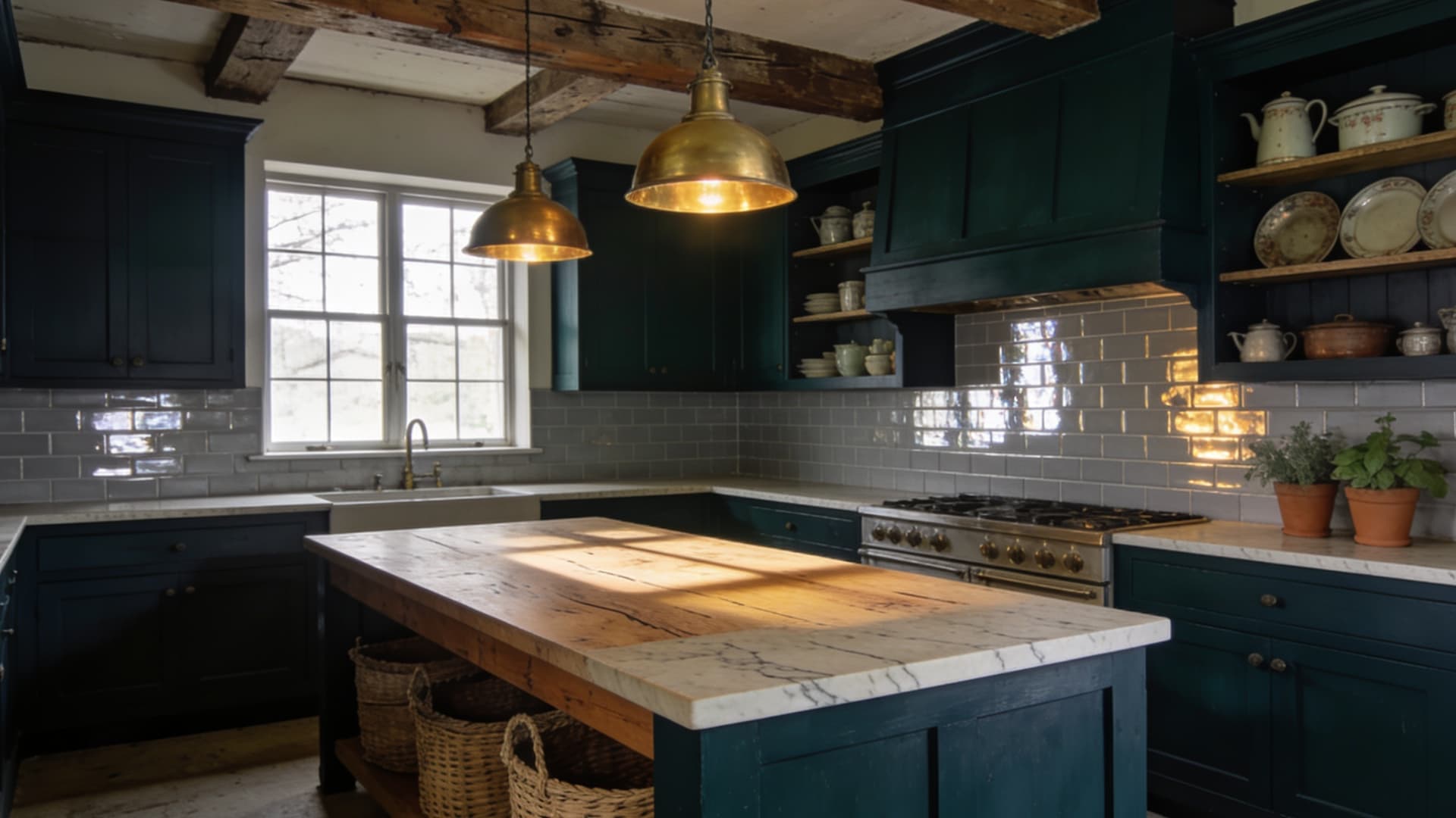navy farmhouse cabinets with pale counters reflective tile warm wood island and brass lighting